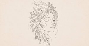 Minimalist floral line art featuring a woman’s face, delicate flowers, and botanical details on a neutral background.