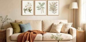 Cozy living room with botanical wall art, neutral sofa, soft pillows, and warm decor.