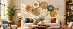 Elegant living room with a cream sofa, colorful teal and rust pillows, gold wall art, lush greenery, a wooden coffee table, and warm natural decor.