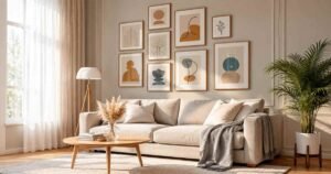 Minimalist Wall Decor Ideas featuring a neutral gallery wall in a cozy living room.