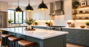 Modern kitchen with dark green cabinets, marble countertops, pendant lighting, wooden accents, and stylish Modern Kitchen Decor Trends.