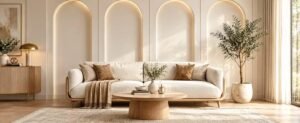 Modern minimalist living room with a cream sofa, wooden coffee table, arched wall panels, neutral decor, indoor olive tree, textured rug, and warm natural lighting.