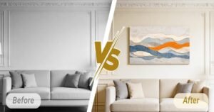 Minimalist Wall Decor Ideas featuring before and after living room makeover.
