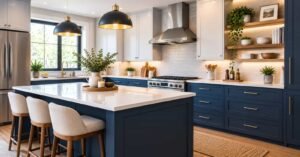 Modern kitchen with navy blue cabinets, white countertops, pendant lighting, open wood shelves, and stylish Modern Kitchen Decor Trends.