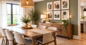 Warm dining room with a wooden table, neutral upholstered chairs, framed wall art, and stylish Modern Kitchen Decor Trends.