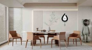 Modern dining room with neutral decor, wooden dining table, stylish chairs, and minimalist wall art.
