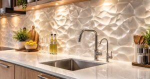 Modern kitchen sink with a textured backsplash, white countertop, warm wood accents, and stylish Modern Kitchen Decor Trends.