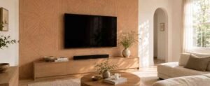 Minimalist Wall Decor Ideas featuring warm wood panels, clean lines, and natural accents for a cozy modern living room.