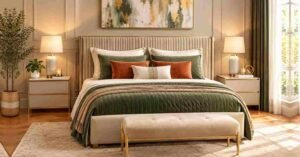 Budget Bedroom Makeover with elegant green bedding, a plush bench, and warm modern decor.