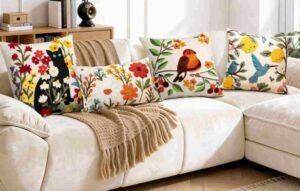 White sectional sofa with colorful floral and bird-patterned pillows and a cozy beige throw blanket.