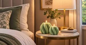 Two green decorative candles on a bedroom bedside table.