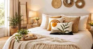 Budget Bedroom Makeover with cozy pillows, textured bedding, and natural decor.