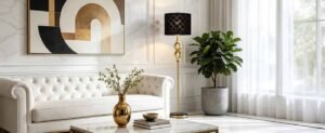 Elegant white living room with tufted sofa, gold floor lamp, plant, and marble table.