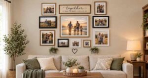 Wall decor ideas featuring a cozy living room gallery wall with family photos and natural accents.