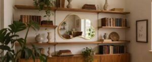 Living room wall with wooden shelves, books, plants, decorative vases, and a statement mirror.