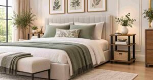 Modern cozy bedroom with sage green bedding and wooden nightstands.