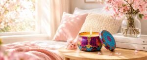 Cozy spring bedroom with pink flowers, soft bedding, a candle, and warm natural light.