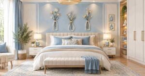 Budget Bedroom Makeover with soft blue bedding and floral wall decor.