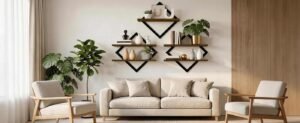 Modern living room with beige sofa, wood chairs, shelves, and indoor plants.