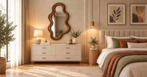 Budget Bedroom Makeover with a stylish wall mirror, dresser, and cozy bedding.