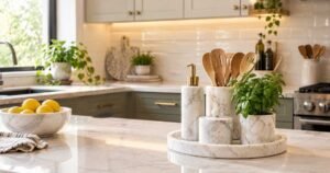 Marble accessories tray styled on modern kitchen countertop decor
