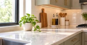 Green plant on modern kitchen countertop decor near window
