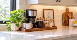 Coffee station styled on modern kitchen countertop decor with tray and jars