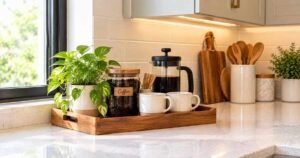 Wooden tray coffee bar idea for kitchen countertop decor