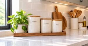 Labeled coffee sugar tea canisters styled as kitchen countertop decor