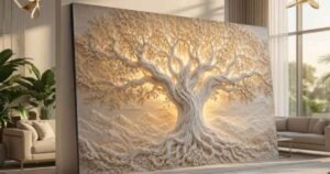 Wall decor ideas featuring a large tree wall art piece in a bright, modern living room.