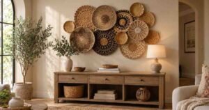 Wall decor ideas featuring a woven basket wall display above a wooden console table in a cozy living room.