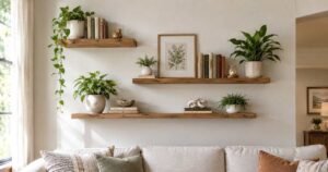 Wall decor ideas featuring rustic floating wooden shelves styled with books, plants, framed art, and decorative accents above a cozy sofa.
