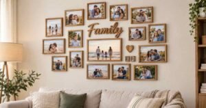 Wall decor ideas featuring a family photo gallery wall with framed pictures, a “Family” sign, and a cozy neutral sofa.