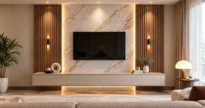 Modern TV wall decor ideas with marble, wood slats, and warm lighting.