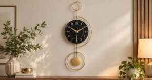 Wall decor ideas featuring a modern gold and black wall clock with greenery.