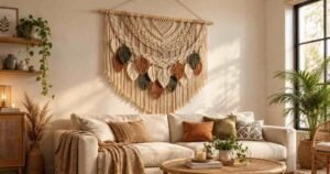 Wall decor ideas featuring a boho tapestry above a cozy neutral sofa.