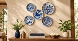 Wall decor ideas featuring blue and white decorative plates on a neutral wall.