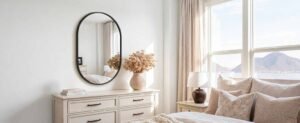 Home Decor Finds Under $50 featuring a stylish arched mirror, ceramic vase with dried flowers, table lamp, and neutral bedroom decor.