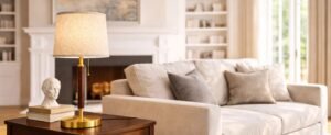 Home Decor Finds Under $50 featuring a stylish table lamp, decorative bust, stacked books, and elegant neutral living room decor.