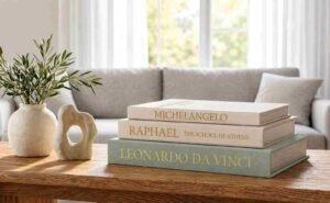 Home Decor Finds Under $50 with stylish books and neutral decor.