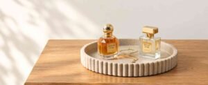 Home Decor Finds Under $50 with elegant perfume bottles on a decorative tray.