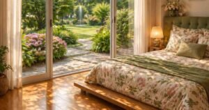 Small bedroom ideas with a cozy bed overlooking a lush garden.