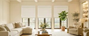 Bright neutral living room with cream sofa, plants, and large windows.