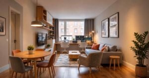 Cozy Living Room Layouts with a multifunctional living area, dining space, and home office.