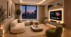 Modern living room with cozy living room layouts and warm ambient lighting