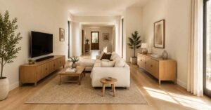 Neutral living room with cozy living room layouts and warm wood furniture
