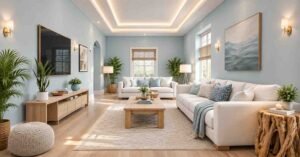 Blue living room with cozy living room layouts and layered seating