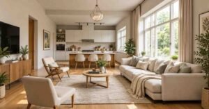 Open concept living room with cozy living room layouts and neutral decor