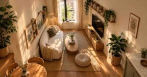 Small living room with cozy living room layouts and warm wood accents