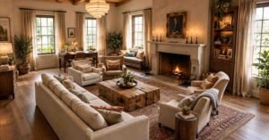 Cozy Living Room Layouts with a stone fireplace, sectional sofa, and warm textures.
